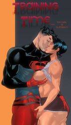 1boy 1girls areolae ashino_art ass ass_grab batgirl batman_(series) big_ass big_breasts big_butt black_hair blue_eyes bra_lift breast_squeeze breasts breasts_out cassandra_cain clothed_male color comic_cover conner_kent cover dc dc_comics erection_under_clothes gloves hand_on_ass hand_on_balls hand_on_breast kissing kon-el male mostly_clothed nipples scars shorter_female shorts sports_bra superboy superman_(series) toned toned_female toned_male