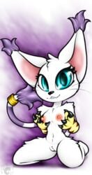 anthro blue_eyes cjweasle claws digimon eyelashes feline female furry gatomon kneeling pussy solo tail white_fur