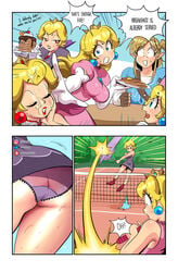 1boy 4girls ass breasts cat_peach cleavage comic crossover female huge_ass huge_breasts link link_(breath_of_the_wild) mario_(series) mario_tennis nintendo panties paper_mario princess_peach sasatseng shadow_queen super_mario_3d_world tennis_ball tennis_racket tennis_uniform the_legend_of_zelda