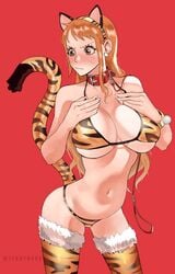 1girls animal_print big_breasts bikini cat_ears cat_tail catgirl female female_only jerrydurd leash light-skinned_female light_skin long_hair nami one_piece orange_hair post-timeskip solo tiger_ears tiger_print tiger_tail year_of_the_tiger