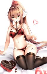 bra chocolate chocolate_box chocolate_heart doki_doki_literature_club green_eyes heart_necklace lingerie monika_(doki_doki_literature_club) navel necklace panties red_bra red_panties stockings thighhighs thighs tsukimaru underwear valentine's_day white_background