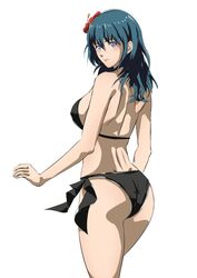 1girls alternate_costume ass back back_view bare_back big_ass black_bikini black_swimsuit breasts byleth_(fire_emblem) byleth_(fire_emblem)_(female) byleth_(summer)_(fire_emblem)_(female) clothed clothing excaliblader female female_only fire_emblem fire_emblem:_three_houses fire_emblem_heroes medium_breasts medium_hair nintendo official_alternate_costume sideboob solo swimsuit teal_hair