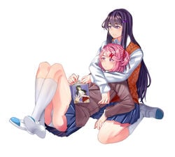 2girls blue_skirt book doki_doki_literature_club female_only gyger_been manga natsuki_(doki_doki_literature_club) panties pantyshot pink_eyes pink_hair purple_eyes purple_hair reading_book school_uniform shoes skirt straight_hair upskirt white_panties wholesome yuri yuri_(doki_doki_literature_club)