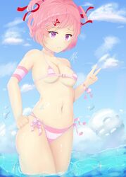 1girls bikini bikini_bottom bikini_top clouds doki_doki_literature_club female female_only light-skinned_female light_skin multiple_sources natatheknife natsuki_(doki_doki_literature_club) pink_bikini pink_bikini_bottom pink_bikini_top pink_eyes pink_hair solo water