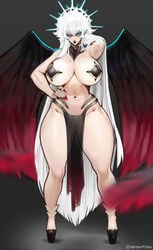 1girls angel areola areolae big_breasts blue_eyes boobs breasts curvaceous curvy curvy_figure female female_focus female_only glowing glowing_eyes hand_on_hip high_heel_boots huge_breasts large_breasts lipstick long_ears long_hair looking_at_viewer nails neroartbox nipples oppai pale-skinned_female pale_skin pointy_ears pose see-through skimpy solo solo_female solo_focus thick_thighs voluptuous white_body white_hair white_skin wings