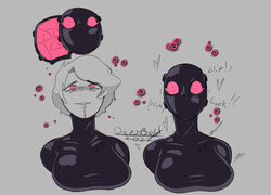 1girls before_and_after big_breasts bodysuit breasts diceyboi drool drooling eyebrows eyelashes female female_only grey_background human human_only humanoid hypnosis large_breasts latex mask mind_control pink_eyes red_eyes rubber shiny shiny_skin simple_background sketch sleepy solo solo_female tired_eyes transformation