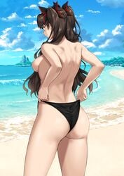 1girls ass back back_view beach bikini bikini_bottom black_bikini black_bikini_bottom black_hair black_panties bnc_(bunshi) fate/stay_night fate_(series) female female_ass female_only hair_ribbon hi_res medium_breasts nipples panties panty_pull sideboob solo third-party_edit tohsaka_rin topless topless_female