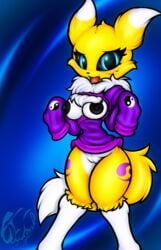 anthro black_nipples black_sclera blue_eyes bottomless breasts breasts_out breasts_out_of_clothes cjweasle cute_fang digimon eyelashes female furry open_mouth purple_sweater pussy renamon solo sweater wide_hips