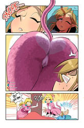 1boy 2girls ass big_ass cat_ears cat_peach cat_tail comic crossover curvaceous curvy dat_ass facesitting huge_ass large_ass link link_(breath_of_the_wild) mario_(series) princess_peach sasatseng sleeping super_mario_3d_world the_legend_of_zelda