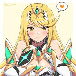 1girls 6oryo_illust alternate_version_available bare_shoulders blonde_hair blush blushing_at_viewer breasts cleavage cute elbow_gloves eye_contact female female_only gloves group_sex heart large_breasts light-skinned_female light_skin long_hair looking_at_viewer mythra_(xenoblade) nintendo simple_background solo solo_female tagme white_gloves xenoblade_(series) xenoblade_chronicles_2 yellow_eyes