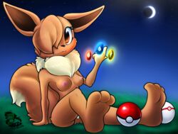 2021 anthro anthrofied brown_eyes brown_hair cjweasle eevee eyelashes feet fire_stone furry hair_over_one_eye medium_breasts night poke_ball pokemon pokemon_rgby premier_ball pubic_hair tail thunder_stone water_stone white_pubic_hair