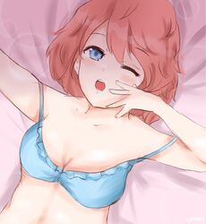 blue_bra blue_eyes bra doki_doki_literature_club just_sayori light_blue_bra one-eyed sayori_(doki_doki_literature_club) sleepy strawberry_blonde_hair yuxine