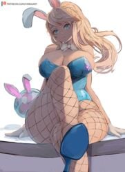 1girls 2022 alternate_breast_size artist_signature blonde_hair blue_eyes blue_leotard breasts bunny_ears bunny_girl bunnysuit cleavage crossed_legs facing_forward female female_only fishnets heels high_heels highleg_leotard huge_breasts leotard long_hair long_legs metroid metroid_(creature) miraihikari nintendo png samus_aran sitting