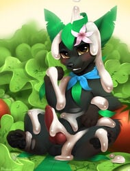 black_body black_fur bloominglynx colored detailed digital_drawing_(artwork) digital_media_(artwork) eeveelution flower food fur furry furry_only genitals hi_res leafeon male male_only mayonnaise nintendo penis plant pokemon pokemon_(species) red_penis salad sauce video_games