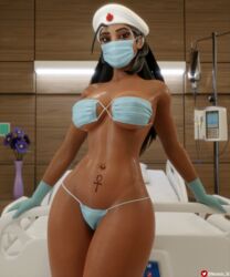 1girls 3d 3d_(artwork) abs absurd_res ana_amari athletic_female big_breasts bikini black_hair blizzard_entertainment dark-skinned_female ear_piercing eyepatch_bikini face_mask female female_focus female_only fit_female gloves hospital hospital_bed large_filesize latex_gloves long_hair looking_at_viewer mask mask_bikini mask_on_breasts mask_on_crotch mask_panties navel navel_piercing nemesis_3d overwatch pubic_tattoo shiny_skin solo solo_female solo_focus tattoo toned_female