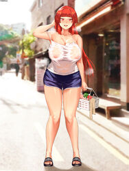 10million arm_up bangs bare_shoulders basket blue_shorts blunt_bangs blurry blurry_background bottle breasts building cleavage covered_navel covered_nipples female highres holding holding_basket large_breasts last_origin long_hair looking_at_viewer nipples orange_hair outdoors red_eyes see-through short_shorts shorts slippers solo standing strap_slip sweat tank_top thighs towel wet wet_clothes white_tank_top