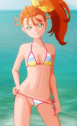 1girls beach bikini bikini_pull cleavage female female_only fuchi_(nightmare) green_eyes light-skinned_female looking_at_viewer natsuumi_manatsu naughty_face navel orange_hair petite precure pretty_cure side_ponytail small_breasts smile solo swimsuit tanline teasing teenager thighs undressing water