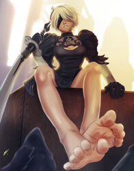 1girls barefoot boots boots_removed breasts cleavage cleavage_cutout feet female nier:_automata scamwich soles solo sword toes video_games white_hair yorha_2b