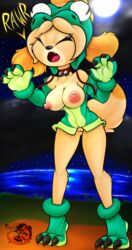 2020 animal_crossing anthro canine cjweasle closed_eyes collar costume cute_fang erect_nipples eyelashes female furry hat isabelle_(animal_crossing) large_breasts nintendo open_mouth solo tail yellow_fur