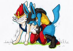 <3_eyes 2boys anthro blue_body blue_fur bodily_fluids canid canine cinderace doggy_style duo from_behind_position fur genitals heart hi_res humping lagomorph lucario male male/male male_cinderace male_lucario mammal nintendo penetration penis pokemon pokemon_(species) rotten_owl sex simple_background stomach_bulge traditional_media_(artwork) video_games white_background white_body