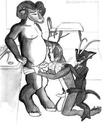 2007 4_arms alien alien_humanoid ambiguous_species anal anal_sex animal_genitalia animal_penis antennae_(anatomy) anthro anthro_dominating_anthro anthro_penetrated anthro_penetrating balls bodily_fluids bovid caprine closed_eyes clothed clothing cum cum_in_mouth cum_inside cumshot dark_body dark_fur dark_skin dining_room divdurvart ear_piercing ear_ring ejaculation erection fellatio from_behind_position fur genital_fluids genitals graphite_(artwork) group group_sex hooves humanoid inside interspecies kitchen kneeling leaning leaning_back light_body light_fur male male/male mammal masturbation monochrome monster multi_arm multi_limb multicolored_body nude open_mouth oral partially_clothed penetration penile penile_penetration penis piercing sex smile spitroast standing threesome topless traditional_media_(artwork) trio two_tone_body underwear unfinished unknown_species