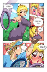 1boy 4girls breasts cleavage comic crossover female heart-shaped_pupils huge_breasts link link_(breath_of_the_wild) mario_(series) mario_tennis nintendo paper_mario princess_peach sasatseng shadow_queen tennis_ball tennis_racket tennis_uniform the_legend_of_zelda