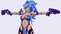 blue_eyes blue_hair cutie_mark dual_wielding friendship_is_magic guns large_breasts loincloth looking_at_viewer moronsonofboron my_little_pony princess_luna_(mlp) revealing_clothes royalty unconvincing_armor