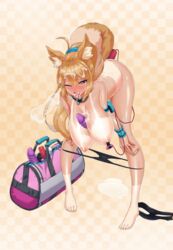 1girls ahoge amy_(project_qt) anal_beads animal_ears animated bandaid bent_over big_breasts breasts collar cum_in_mouth cum_on_breasts cum_on_face dildo_between_breasts feet fox_ears fox_tail full_body huge_breasts nipples nude nutaku one_eye_closed panties_down project_qt sex_toy tail tanline tongue_out vibrator vibrator_in_pussy vibrator_on_nipple