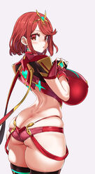 1girls :o asanagi ass ass_cleavage black_gloves black_legwear breasts butt_crack earrings female fingerless_gloves from_behind gigantic_breasts gloves headpiece highres jewelry looking_at_viewer pink_background pyra red_eyes red_hair short_hair simple_background solo symbol-shaped_pupils thighhighs undersized_clothes xenoblade_chronicles_(series) xenoblade_chronicles_2