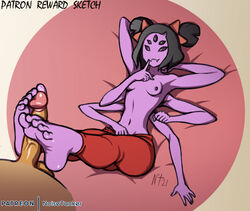 1boy 1girls 2021 6_arms black_hair blue_skin feet foot_fetish footjob muffet noisetanker on_back topless undertale