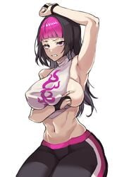 1girls alternate_costume alternate_hairstyle armpits bangs battle_outfit black_hair blunt_bangs breasts capcom clothed curvy female female_only gloves halterneck highres huge_breasts human johwa juri_han leggings long_hair midriff navel pink_eyes pink_hair presenting_armpit sideboob simple_background skindentation solo street_fighter street_fighter_v thick_thighs two_tone_hair very_long_hair white_background