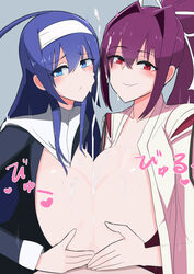 1boy 2girls bacantshift1st blue_eyes blue_hair breast_press breasts cum cum_on_breasts cum_on_face cum_on_hair cum_on_upper_body double_paizuri ejaculation ejaculation_between_breasts hair_ornament headband huge_breasts japanese_text orie_ballardiae paizuri purple_hair red_eyes sex threesome under_night_in-birth yuzuriha_(under_night_in-birth)