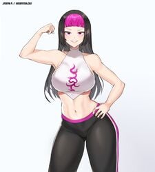 1girls absurd_res alternate_costume alternate_hairstyle bangs black_hair blunt_bangs capcom clothed female female_only flexing hi_res johwa juri_han long_hair looking_at_viewer pink_hair simple_background smile solo street_fighter street_fighter_v two_tone_hair white_background yoga_pants