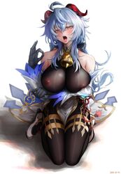 1girls blue_hair blush fellatio_gesture ganyu_(genshin_impact) genshin_impact horns kneeling large_breasts nipples nipples_visible_through_clothing nompang ok_sign open_mouth purple_eyes qilin realistic_textures suggestive tongue_out