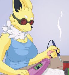 2022 absurd_res anthro black_inner_ear blue_clothing bodily_fluids clothed clothing digital_drawing_(artwork) digital_media_(artwork) dildo eeveelution electronics eyewear female fur furniture goggles half-length_portrait hi_res holding_object inner_ear_fluff jolteon looking_at_viewer neck_tuft nintendo pokémon_(species) pokémorph pokemon portrait sex_toy shirt simple_background smoke soldering_iron solo sweat table tank_top topwear tuft video_games white_body white_fur whitev wire yellow_body yellow_fur