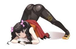 1girls absurdres ass bangs big_ass black_hair bodysuit bracelet brown_eyes clothed dat_ass drill_hair eyelashes female female_only flats footwear full_body hair_flower highres human jack-o_pose johwa ling_xiaoyu long_hair looking_at_viewer shadow shoes simple_background skin_tight smile solo tekken tekken_7 tied_hair top-down_bottom-up twin_drills white_background