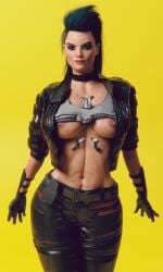 3d athletic_female blue_hair busty cd_projekt_red cyberpunk_2077 el-recondite_(artist) female female_focus female_only hourglass_figure human long_hair pose posing revealing_clothes rogue_amendiares solo tagme wide_hips