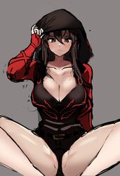 1girls adjusting_hood bangs belt black_eyes black_hair black_panties breasts cleavage collarbone color curvy female female_only fingerless_gloves front_view genderswap_(mtf) gloves grey_background hair_between_eyes highres hood hoodie huge_breasts human jin_kazama johwa kazama_jin long_hair looking_down panties rule_63 simple_background sitting sketch solo spread_legs tekken thick_thighs