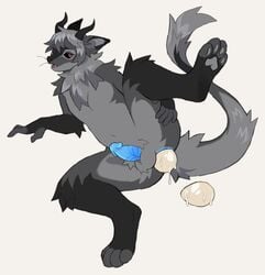 anthro arlo_(amazingcanislupus) balls black_sclera blue_penis dragon egg egg_laying fluffy fur furred_dragon genitals grey_body grey_fur hi_res horn leg_markings male markings nardoragon paws penis red_eyes socks_(marking) solo vucyak