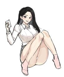 1girls asian black_eyes black_hair blush breasts collared_shirt curvy dabin_park female female_only front_view full_body highres holding_object holding_smartphone human johwa large_breasts long_hair looking_at_viewer loser_life panties shirt simple_background sitting smartphone smile socks solo thick_thighs upskirt webtoon white_background white_panties