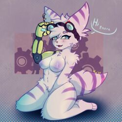 2020 alien anthro furry goggles kneeling large_breasts lombax mechanical_arm nagifur open_mouth pierced_ears ratchet_and_clank rivet_(ratchet_and_clank) striped_fur