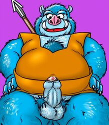 2013 anthro balls blue_body blue_fur clothed clothing dragon_quest edit erection fur genitals humanoid_genitalia humanoid_hands humanoid_penis kemono male male_only mammal orc_(dragon_quest) orc_king_(dragon_quest) overweight overweight_anthro overweight_male penis solo square_enix suid suina sus_(pig) uhokue uncensored video_games weapon wild_boar