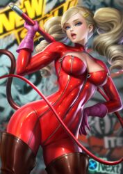 ann_takamaki atlus blonde_hair blue_eyes bodysuit cleavage drill_hair edit gloves hairclip large_breasts looking_at_viewer mouth_open neoartcore no_mask nudtawut_thongmai persona persona_5 skinsuit thick_thighs thigh_boots twintails whip zipper zipper_pull_tab