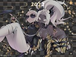 2demons 2girls all_fours bikini collar dark-skinned_female dark_skin demon demon_girl demon_horns demon_tail female_only helltaker horns judgement_(helltaker) justice_(helltaker) large_breasts leash leopard_print long_hair noaharbre sunglasses tail tinted_eyewear white_hair