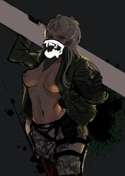 1girls areolae bandana_over_mouth belt blue_eyes breasts bryan_fury camouflage camouflage_pants color cowboy_shot curvy female female_only front_view genderswap_(mtf) gloves highres holding_object hourglass_figure human i-beam jacket johwa large_breasts long_hair looking_at_viewer mask mouth_mask navel nipples no_bra rule_63 sketch solo standing tekken toned toned_female weapon_over_shoulder white_hair