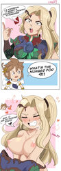 blonde_hair blush closed_eyes comic dialogue gritted_teeth heavy_breathing karbuitt kid_icarus large_breasts long_hair looking_pleasured nintendo pit_(kid_icarus) ponytail sweat taking_clothes_off text viridi