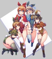 4boys blue_eyes blush blush boots brown_eyes brown_hair bulge bunny_ears bunny_tail capelet drill_hair edgar_valden femboy grey_hair hat identity_v knees_together_feet_apart koichiro_hizuki leotard light-skinned_male light_skin looking_at_viewer male male_focus medium_hair multiple_boys playboy_bunny ponytail simple_background thighhighs thighs