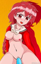 1girls 2021 blush breasts clamp clothing cowboy_shot curvaceous dildo female hikaru_shidou human large_breasts light-skinned_female light_skin looking_at_viewer magic_knight_rayearth masturbation medium_breasts nipples pussy rapaz4 red_eyes red_hair short_hair solo tagme thick_thighs vaginal_insertion wide_hips