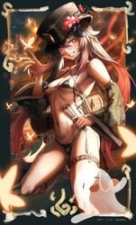 1girls bikini brown_hair genshin_impact grin hu_tao_(genshin_impact) kneeling long_hair nompang small_breasts twintails