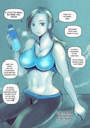 big_breasts blue_theme bottle cleavage comic dialogue female female_focus female_only muscular_female nintendo nousk solo speech_bubble super_smash_bros. wii_fit wii_fit_trainer wii_fit_trainer_(female) workout_clothes